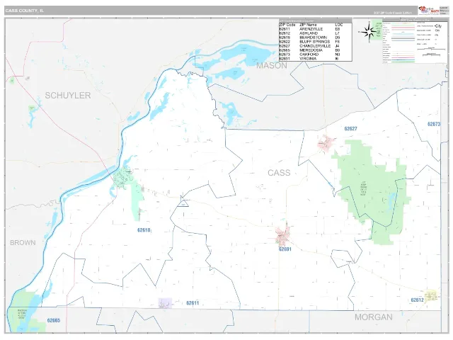 Cass County, IL ZIP Code Wall Map, Classic style