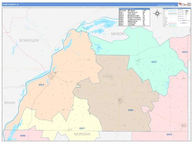Cass County, IL ZIP Code Wall Map, ColorCast style