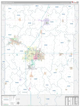 Champaign County, IL Classic style ZIP Code wall map