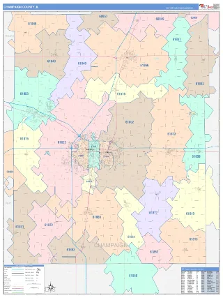 Champaign County, IL ColorCast style ZIP Code wall map