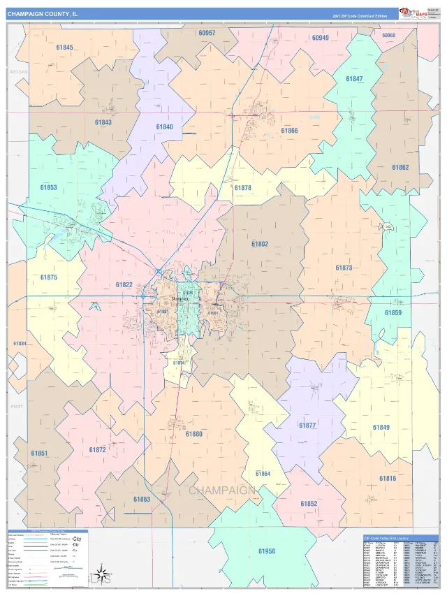 Champaign County, IL ZIP Code Wall Map, ColorCast style