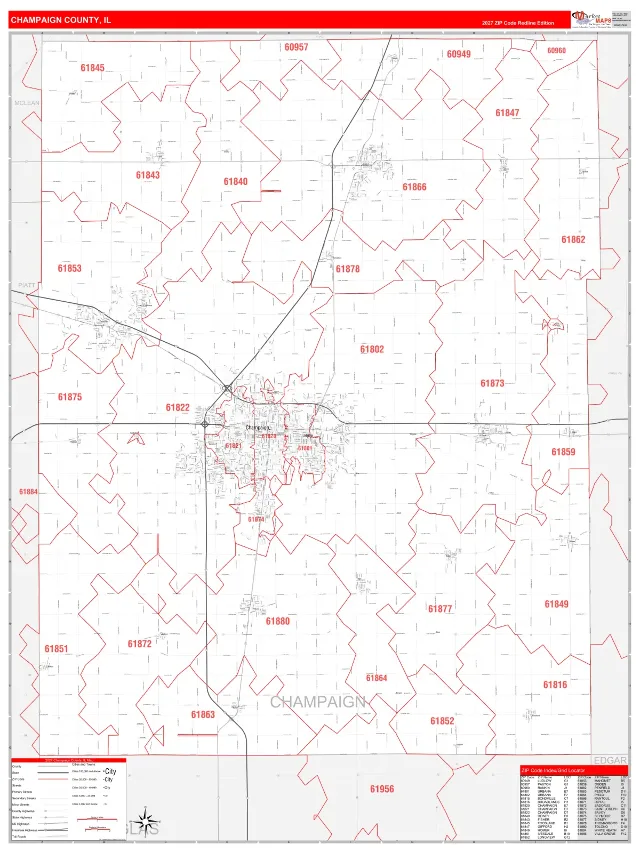 Champaign County, IL ZIP Code Wall Map, RedLine style