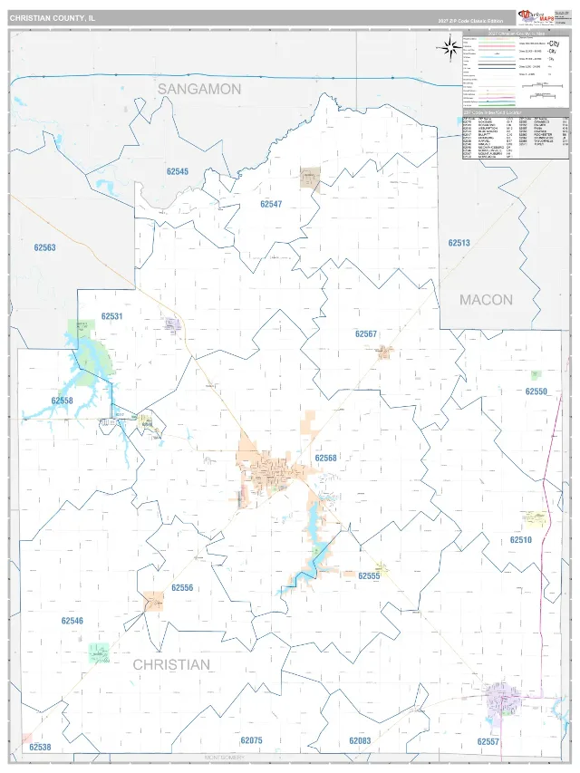 Christian County, IL ZIP Code Wall Map, Classic style