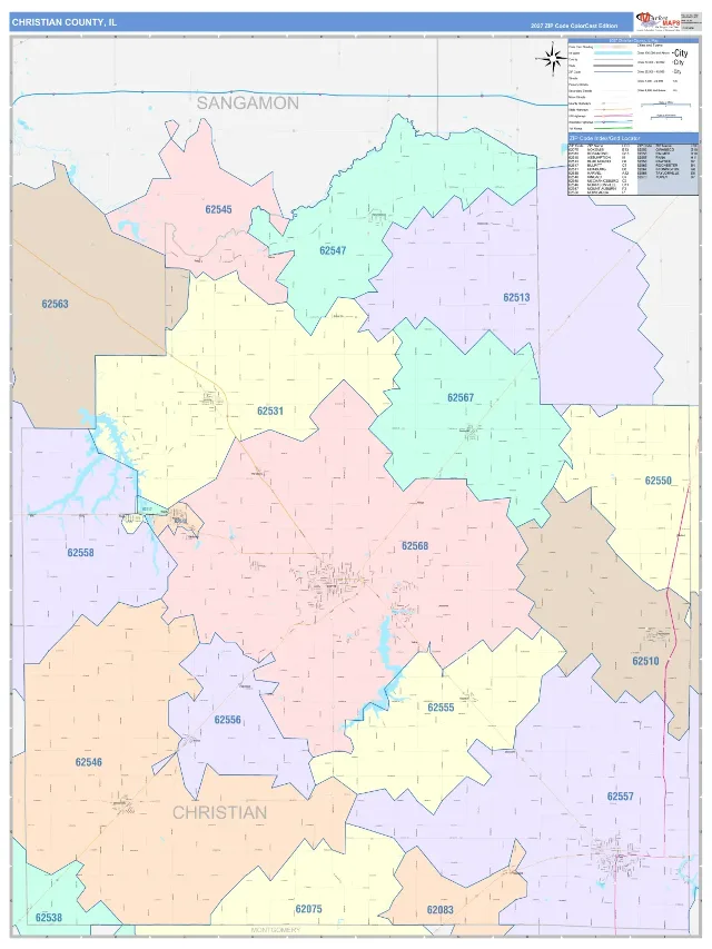 Christian County, IL ZIP Code Wall Map, ColorCast style