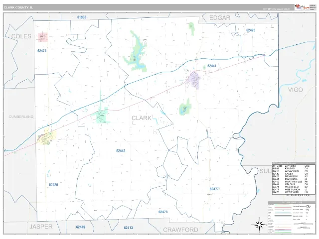 Clark County, IL ZIP Code Wall Map, Classic style