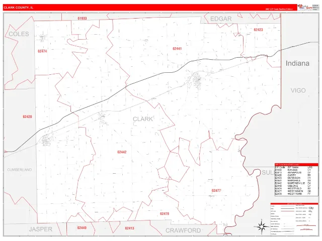 Clark County, IL ZIP Code Wall Map, RedLine style