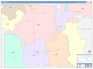 Clay County, IL ColorCast style ZIP Code wall map