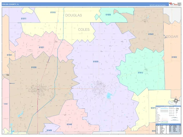 Coles County, IL ZIP Code Wall Map, ColorCast style
