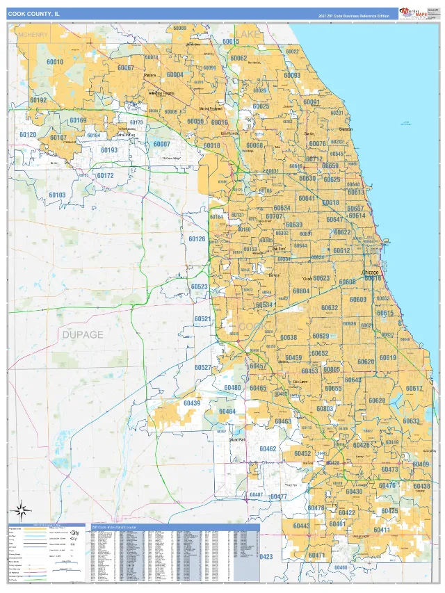 Cook County, IL ZIP Code Wall Map, Business Reference style