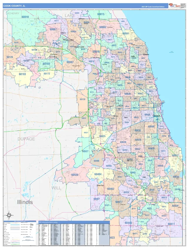Cook County, IL ZIP Code Wall Map, ColorCast style