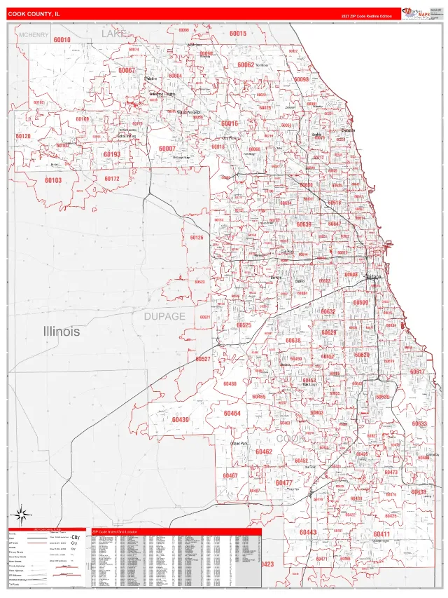 Cook County, IL ZIP Code Wall Map, RedLine style