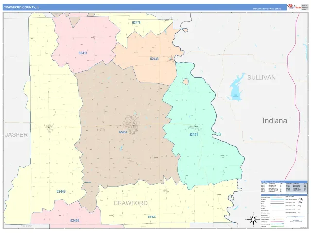 Crawford County, IL ZIP Code Wall Map, ColorCast style