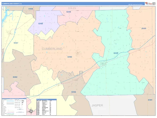 Cumberland County, IL ZIP Code Wall Map, ColorCast style