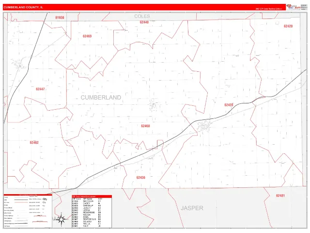 Cumberland County, IL ZIP Code Wall Map, RedLine style