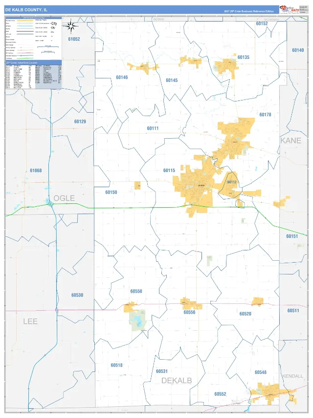 DeKalb County, IL ZIP Code Wall Map, Business Reference style