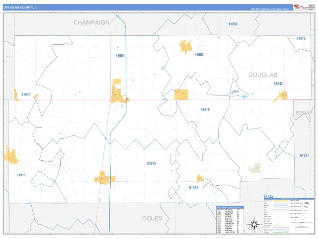 Douglas County, IL ZIP Code Wall Map, Business Reference style