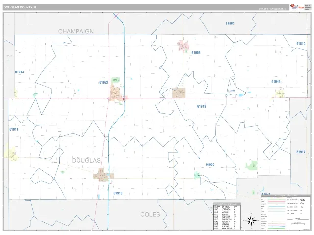 Douglas County, IL ZIP Code Wall Map, Classic style