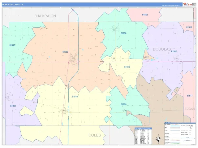 Douglas County, IL ZIP Code Wall Map, ColorCast style