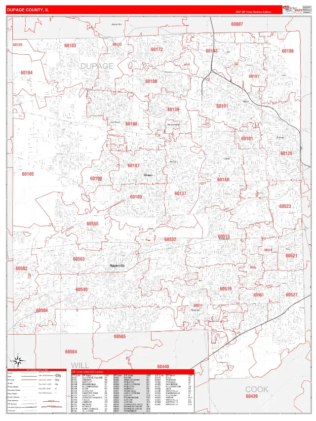 DuPage County, IL ZIP Code Wall Map, RedLine style