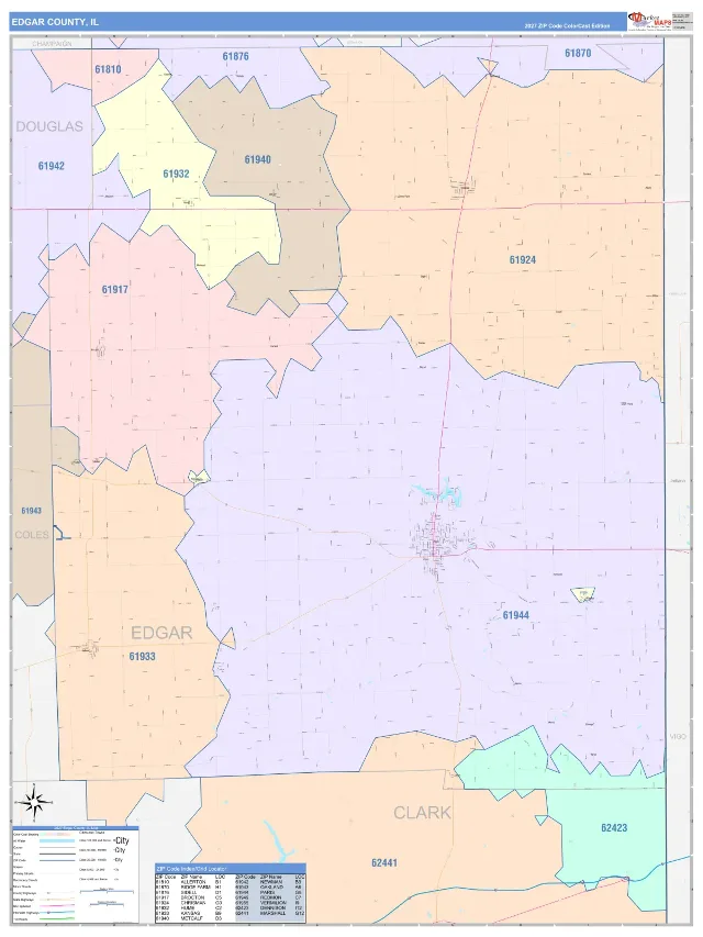 Edgar County, IL ZIP Code Wall Map, ColorCast style