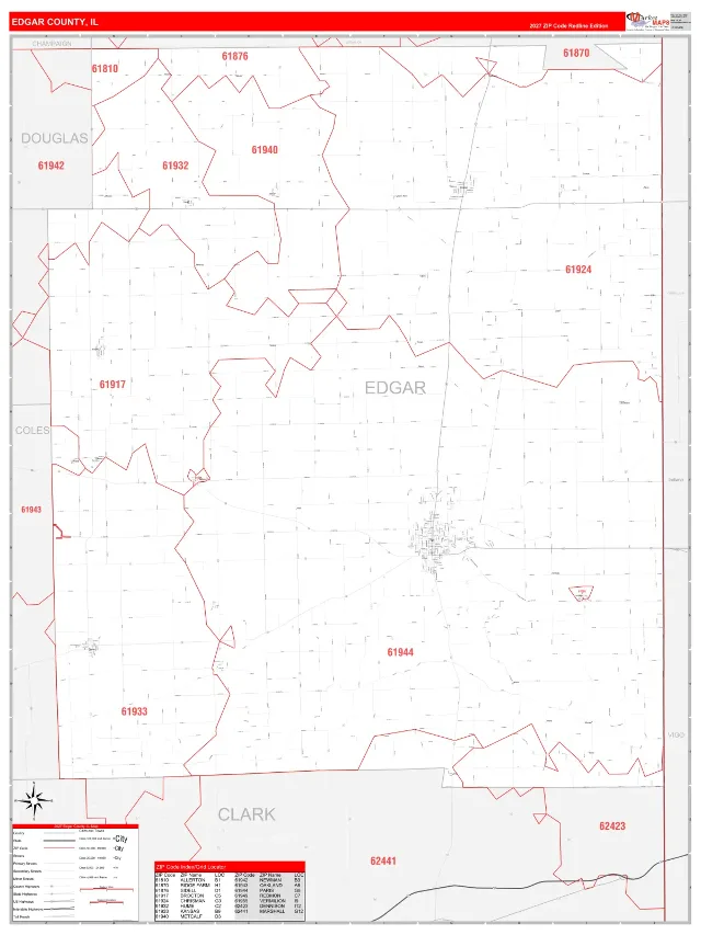 Edgar County, IL ZIP Code Wall Map, RedLine style