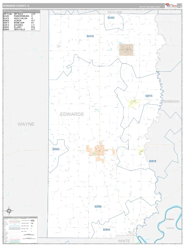 Edwards County, IL ZIP Code Wall Map, Classic style