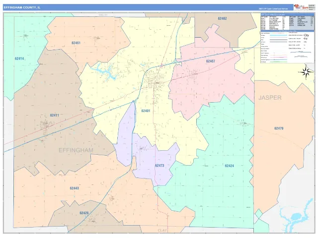 Effingham County, IL ZIP Code Wall Map, ColorCast style