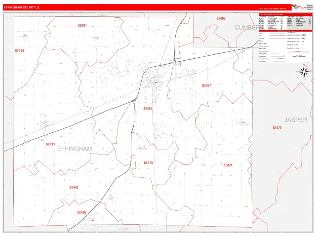 Effingham County, IL ZIP Code Wall Map, RedLine style
