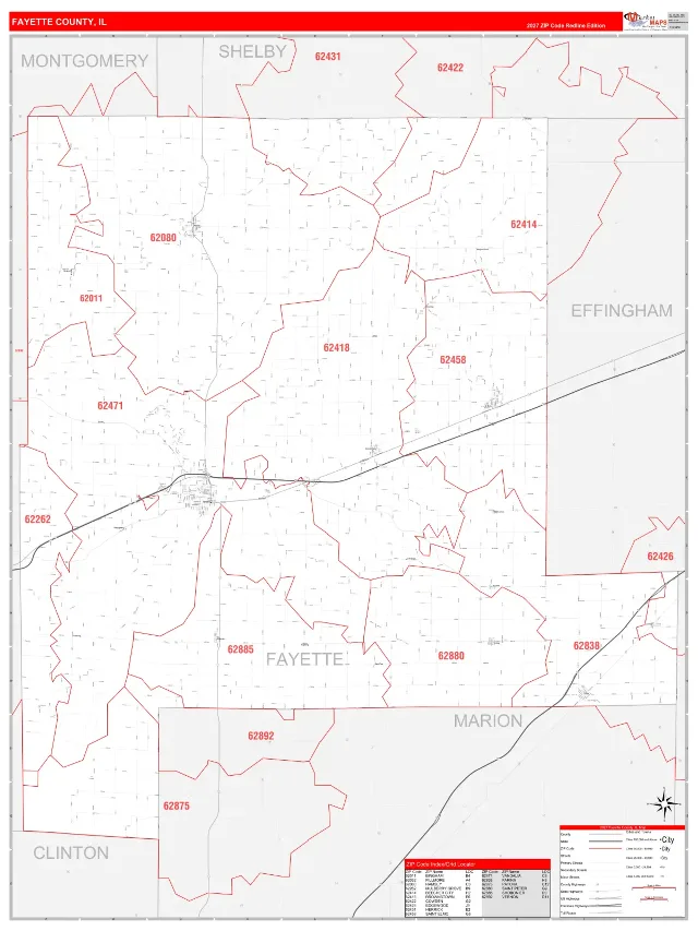 Fayette County, IL ZIP Code Wall Map, RedLine style