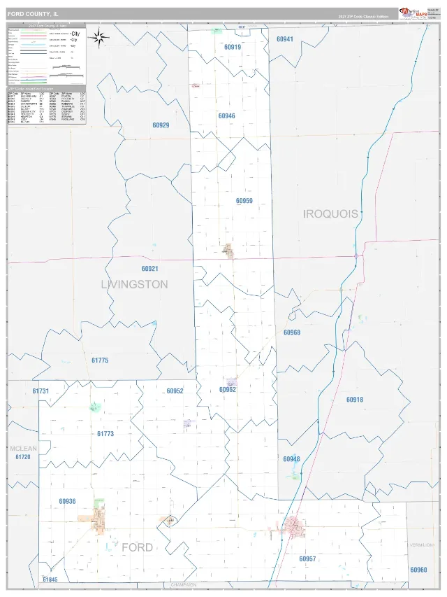 Ford County, IL ZIP Code Wall Map, Classic style