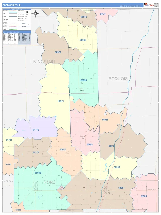 Ford County, IL ZIP Code Wall Map, ColorCast style