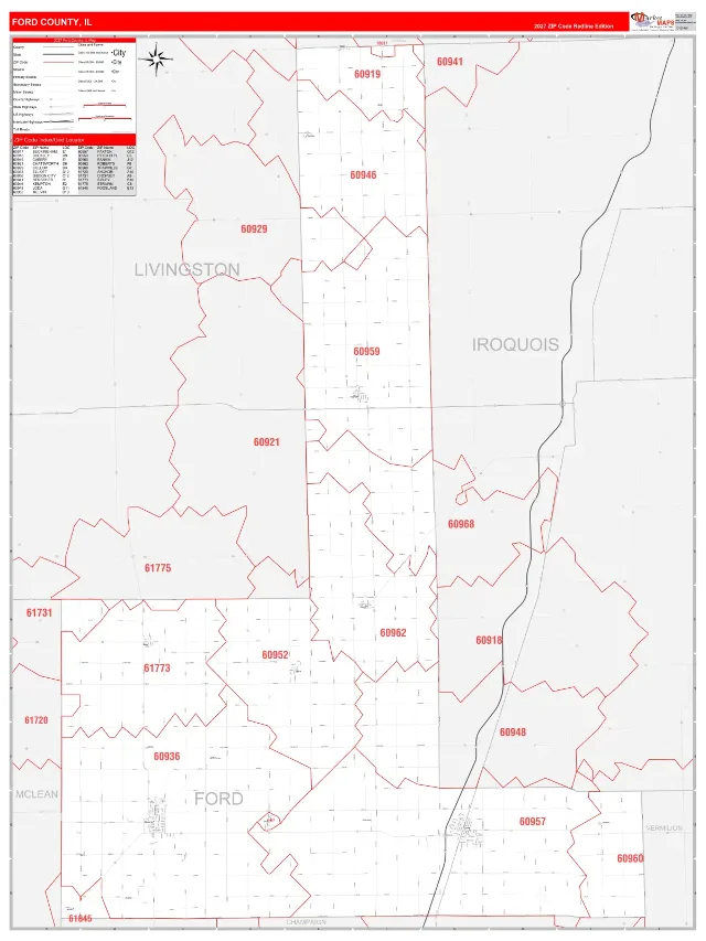 Ford County, IL ZIP Code Wall Map, RedLine style