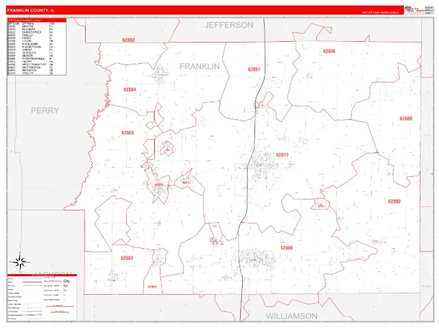 Franklin County, IL ZIP Code Wall Map, RedLine style