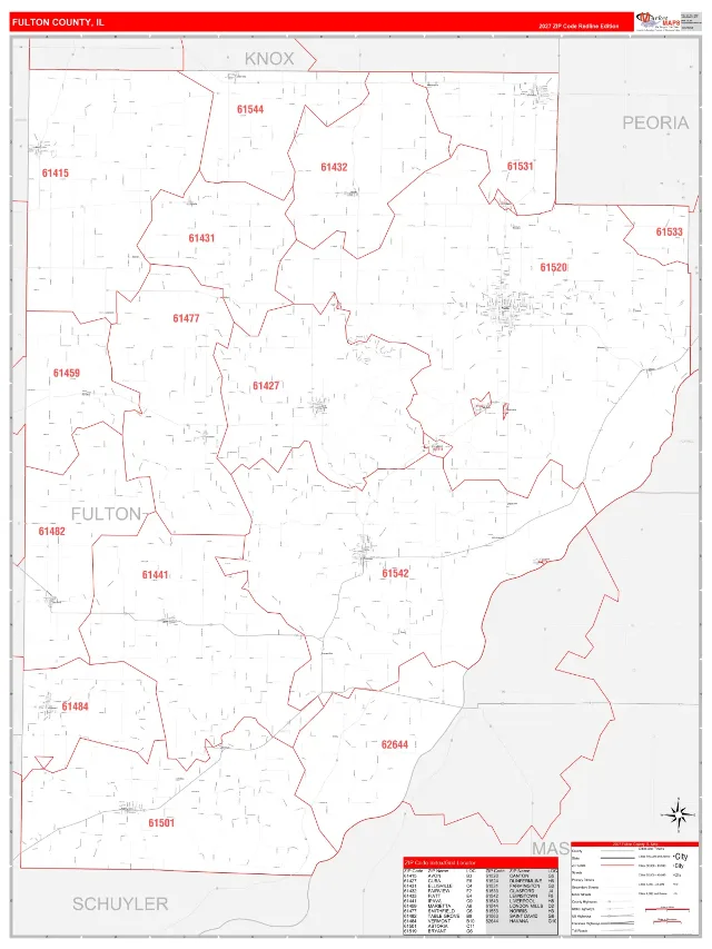 Fulton County, IL ZIP Code Wall Map, RedLine style