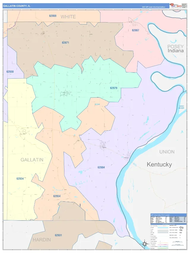 Gallatin County, IL ZIP Code Wall Map, ColorCast style