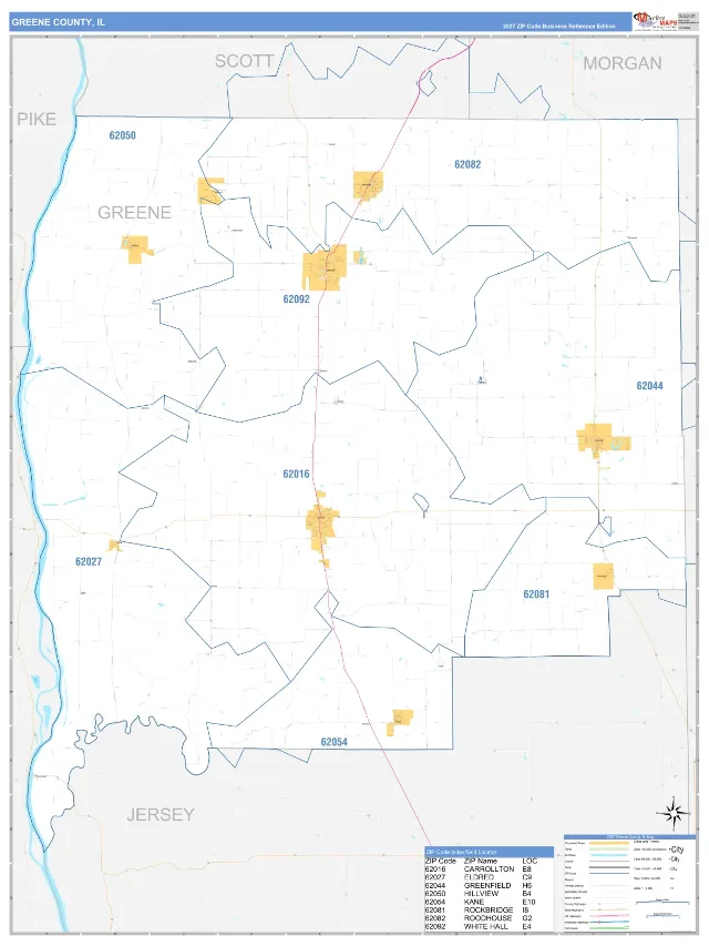Greene County, IL ZIP Code Wall Map, Business Reference style