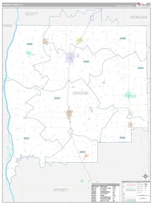 Greene County, IL ZIP Code Wall Map, Classic style