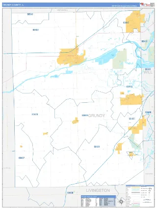 Grundy County, IL Business Reference style ZIP Code wall map
