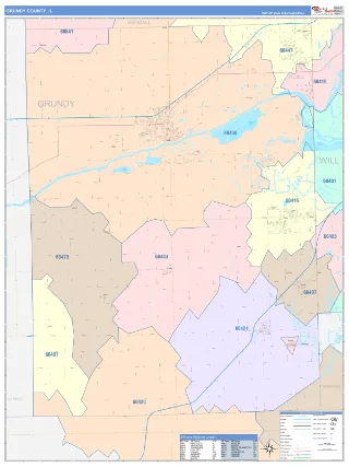 Grundy County, IL ColorCast style ZIP Code wall map