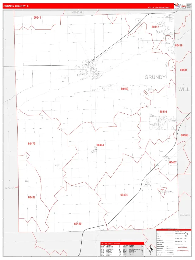 Grundy County, IL ZIP Code Wall Map, RedLine style