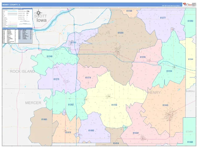 Henry County, IL ZIP Code Wall Map, ColorCast style