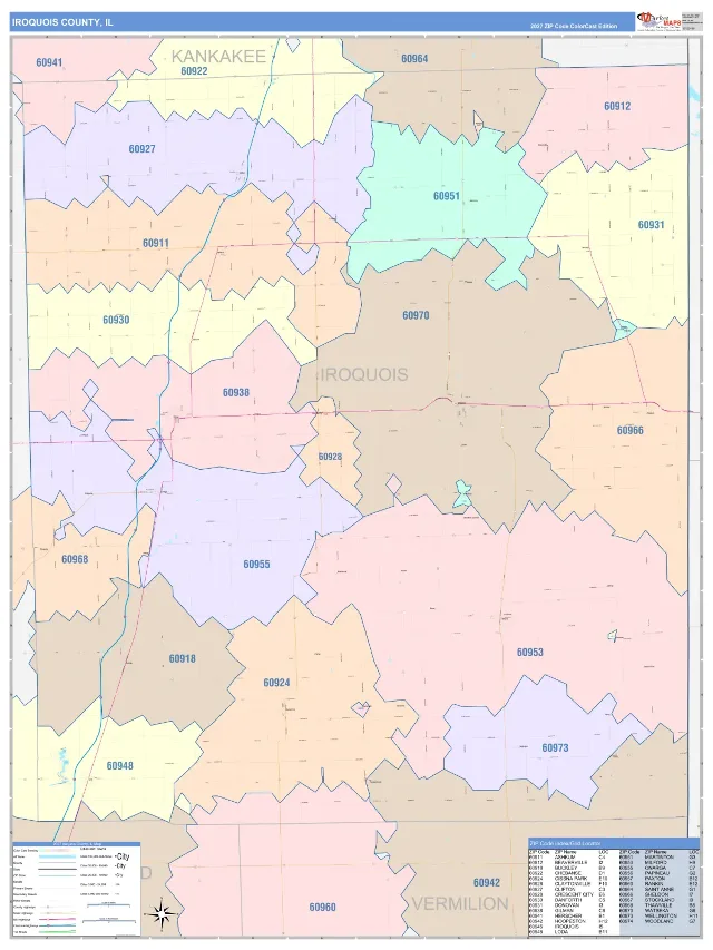 Iroquois County, IL ZIP Code Wall Map, ColorCast style