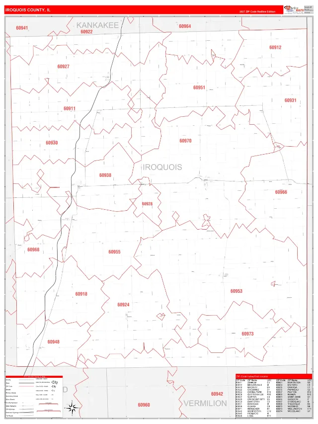 Iroquois County, IL ZIP Code Wall Map, RedLine style