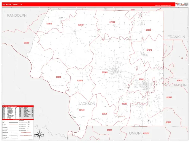 Jackson County, IL ZIP Code Wall Map, RedLine style