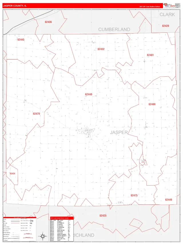 Jasper County, IL ZIP Code Wall Map, RedLine style