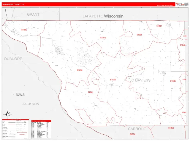 Jo Daviess County, IL ZIP Code Wall Map, RedLine style