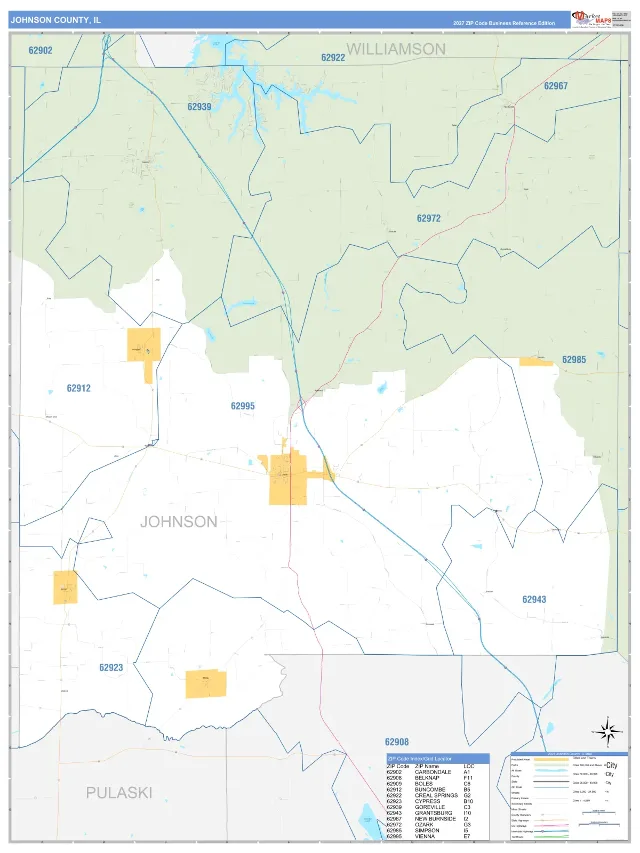 Johnson County, IL ZIP Code Wall Map, Business Reference style