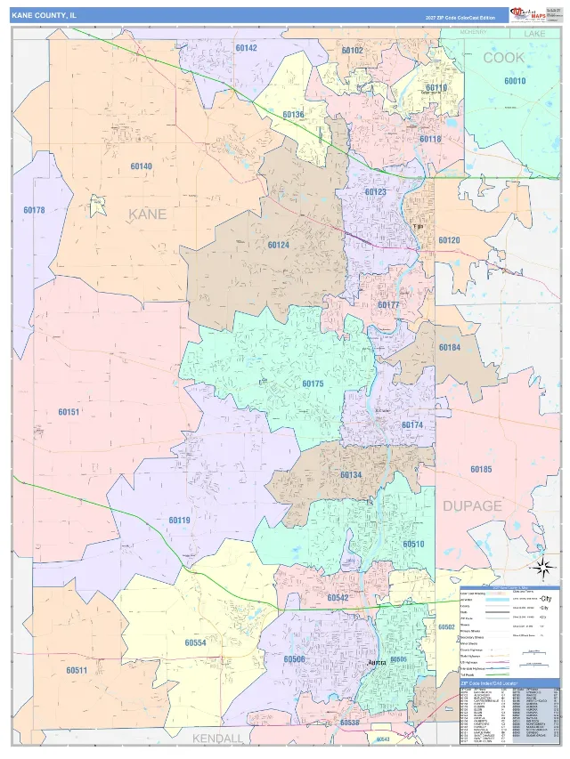 Kane County, IL ZIP Code Wall Map, ColorCast style
