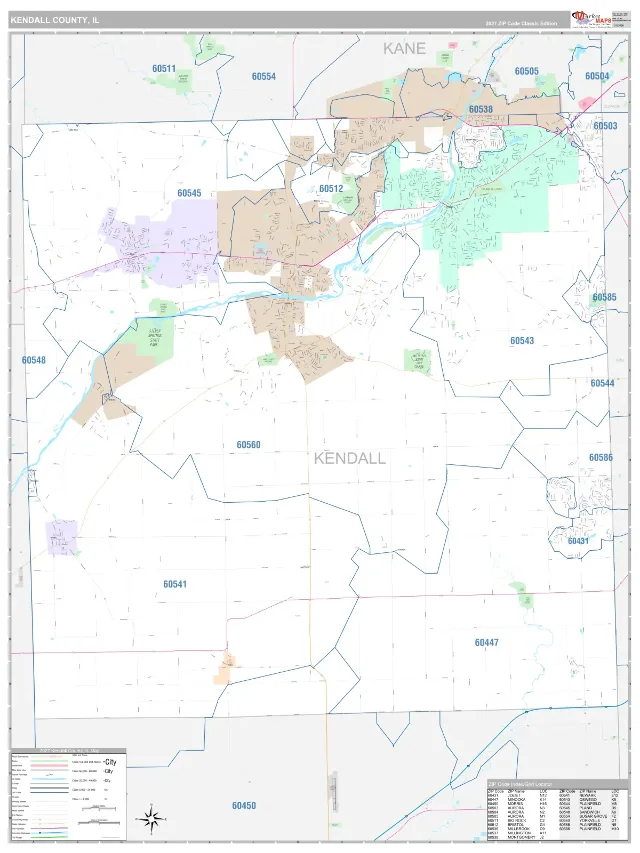 Kendall County, IL ZIP Code Wall Map, Classic style