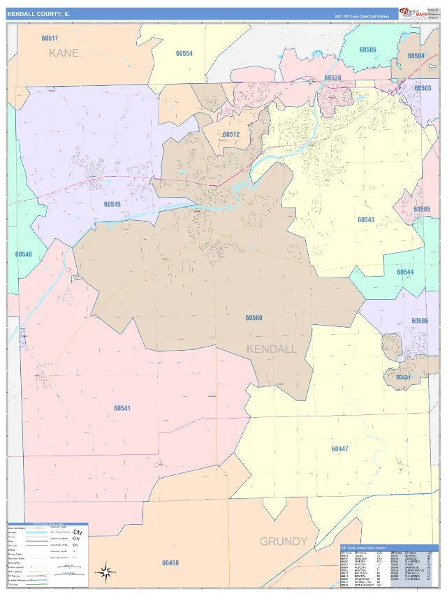 Kendall County, IL ZIP Code Wall Map, ColorCast style